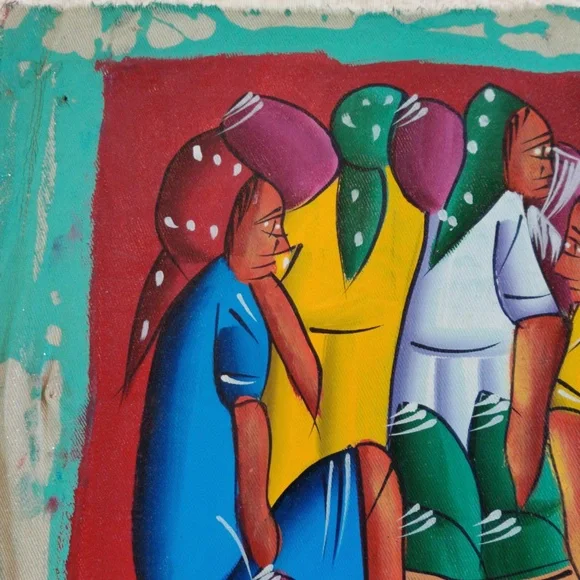 Vintage Wilner Haitian Island Market Oil Painting On Canvas From 1970s, Signed